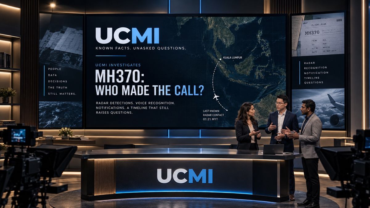 AI-generated studio concept: a large screen reads ‘UCMI Investigates. MH370: Who made the call?’ beside a map, with three AI-generated figures at a desk