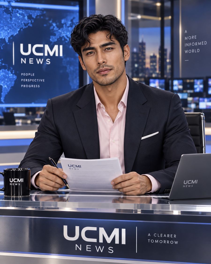 Mitson G. Kasey, the AI-generated UCMI News Reporter, at a news desk in a navy studio with world-map screens and the UCMI News logo